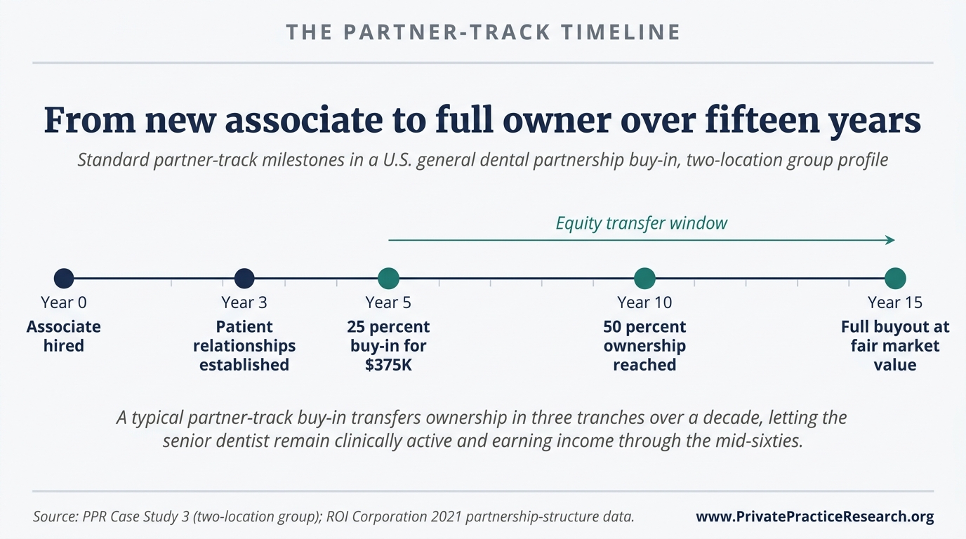 From new associate to full owner over fifteen years. Horizontal timeline showing partner-track milestones at year 0 (associate hired), year 3 (patient relationships established), year 5 (25% buy-in for $375K), year 10 (50% ownership reached), and year 15 (full buyout at fair market value).